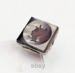 Vintage/Antique Sterling Silver 925 Dark Red Glass Square Intaglio Ring Sz 5.5