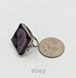 Vintage/Antique Sterling Silver 925 Dark Red Glass Square Intaglio Ring Sz 5.5