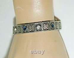 Vintage Art Deco Filigree Sterling Silver Synt Sapphire 7 Bracelet 14.6g Cb 46