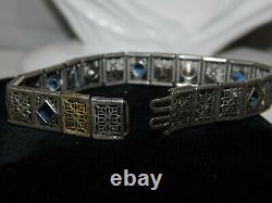 Vintage Art Deco Filigree Sterling Silver Synt Sapphire 7 Bracelet 14.6g Cb 46