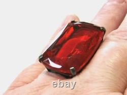 Vintage Art Deco Huge Statement Ring Orange Faceted Glass & Sterling Silver Adj