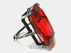 Vintage Art Deco Huge Statement Ring Orange Faceted Glass & Sterling Silver Adj