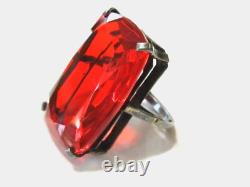 Vintage Art Deco Huge Statement Ring Orange Faceted Glass & Sterling Silver Adj