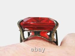 Vintage Art Deco Huge Statement Ring Orange Faceted Glass & Sterling Silver Adj