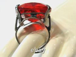 Vintage Art Deco Huge Statement Ring Orange Faceted Glass & Sterling Silver Adj