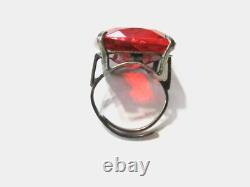 Vintage Art Deco Huge Statement Ring Orange Faceted Glass & Sterling Silver Adj