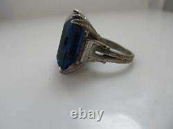 Vintage Art Deco Large Blue Glass Paste Ring Sterling Silver Antique