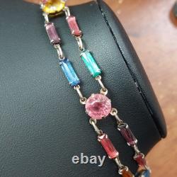 Vintage Art Deco STERLING Silver Rainbow Glass Bracelet Czech Style 7 Geometric