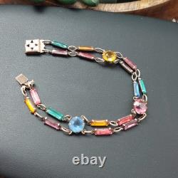 Vintage Art Deco STERLING Silver Rainbow Glass Bracelet Czech Style 7 Geometric