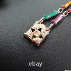 Vintage Art Deco STERLING Silver Rainbow Glass Bracelet Czech Style 7 Geometric