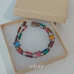Vintage Art Deco STERLING Silver Rainbow Glass Bracelet Czech Style 7 Geometric