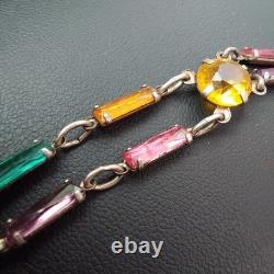 Vintage Art Deco STERLING Silver Rainbow Glass Bracelet Czech Style 7 Geometric