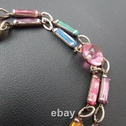 Vintage Art Deco STERLING Silver Rainbow Glass Bracelet Czech Style 7 Geometric