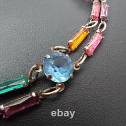 Vintage Art Deco STERLING Silver Rainbow Glass Bracelet Czech Style 7 Geometric