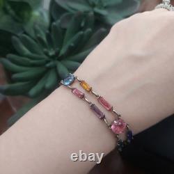 Vintage Art Deco STERLING Silver Rainbow Glass Bracelet Czech Style 7 Geometric