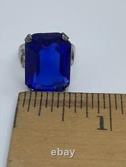 Vintage Art Deco Sterling Faux Sapphire Emerald Cut Blue Large Faceted SZ 5.5
