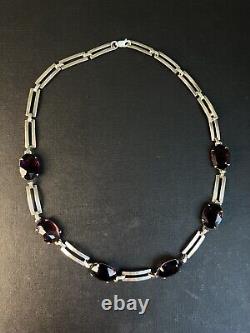 Vintage Art Deco Sterling Silver Amethyst Purple Glass Statement Necklace