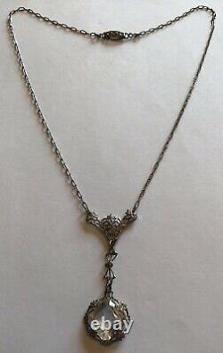 Vintage Art Deco Sterling Silver Clear Rhinestone Filigree Pendant Necklace M9