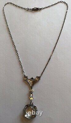 Vintage Art Deco Sterling Silver Clear Rhinestone Filigree Pendant Necklace M9