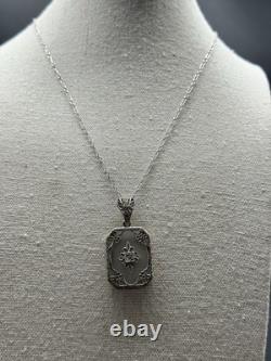 Vintage Art Deco Sterling Silver Diamond Glass Pendant Necklace 925