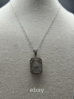 Vintage Art Deco Sterling Silver Diamond Glass Pendant Necklace 925