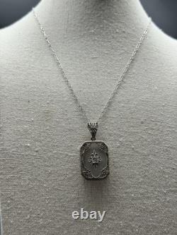Vintage Art Deco Sterling Silver Diamond Glass Pendant Necklace 925