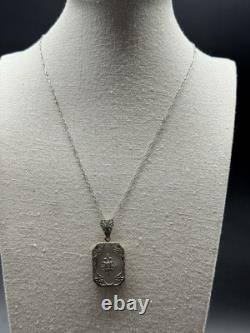 Vintage Art Deco Sterling Silver Diamond Glass Pendant Necklace 925