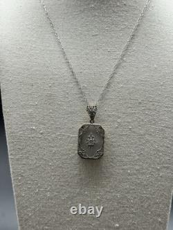Vintage Art Deco Sterling Silver Diamond Glass Pendant Necklace 925