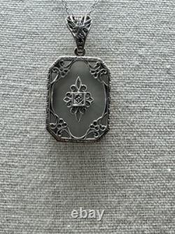 Vintage Art Deco Sterling Silver Diamond Glass Pendant Necklace 925