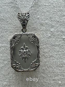 Vintage Art Deco Sterling Silver Diamond Glass Pendant Necklace 925