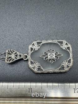 Vintage Art Deco Sterling Silver Diamond Glass Pendant Necklace 925