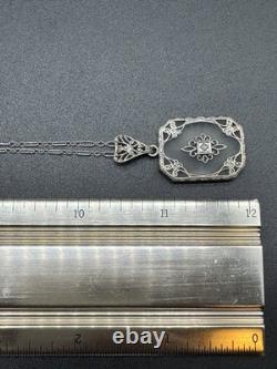 Vintage Art Deco Sterling Silver Diamond Glass Pendant Necklace 925