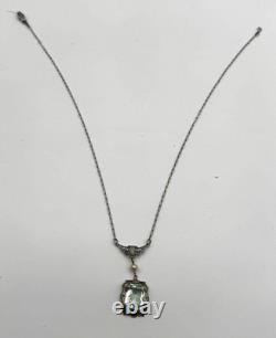 Vintage Art Deco Sterling Silver Filigree Necklace Beveled Glass & Pearl Drop