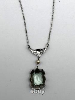 Vintage Art Deco Sterling Silver Filigree Necklace Beveled Glass & Pearl Drop