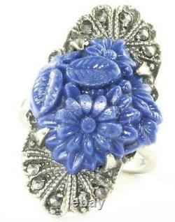 Vintage Art Deco Sterling Silver Marcasite Molded Glass Lapis Ring