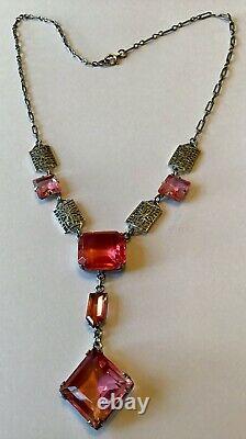 Vintage Art Deco Sterling Silver Pink Rhinestone Filigree Necklace