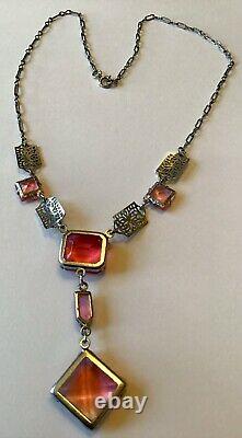 Vintage Art Deco Sterling Silver Pink Rhinestone Filigree Necklace