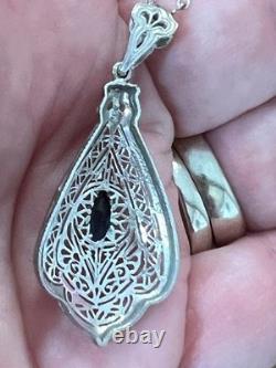 Vintage Art Deco Sterling Silver Sapphire Glass Pendant Necklace 925