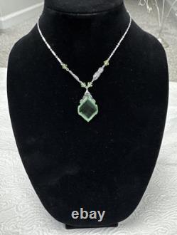 Vintage Art Deco Uranium Green Glass Sterling Silver intricate filigree Necklace