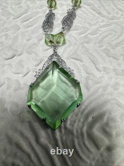 Vintage Art Deco Uranium Green Glass Sterling Silver intricate filigree Necklace