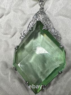 Vintage Art Deco Uranium Green Glass Sterling Silver intricate filigree Necklace