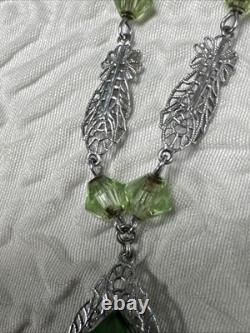 Vintage Art Deco Uranium Green Glass Sterling Silver intricate filigree Necklace