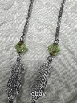 Vintage Art Deco Uranium Green Glass Sterling Silver intricate filigree Necklace