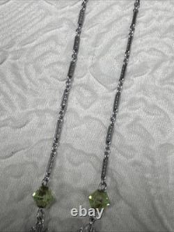 Vintage Art Deco Uranium Green Glass Sterling Silver intricate filigree Necklace