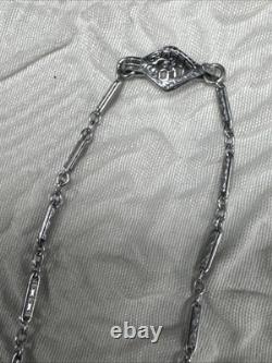 Vintage Art Deco Uranium Green Glass Sterling Silver intricate filigree Necklace
