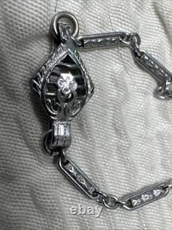 Vintage Art Deco Uranium Green Glass Sterling Silver intricate filigree Necklace