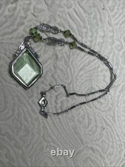 Vintage Art Deco Uranium Green Glass Sterling Silver intricate filigree Necklace