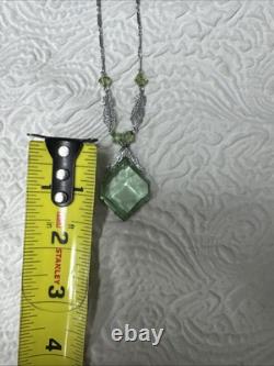 Vintage Art Deco Uranium Green Glass Sterling Silver intricate filigree Necklace
