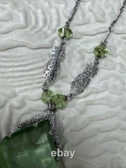 Vintage Art Deco Uranium Green Glass Sterling Silver intricate filigree Necklace