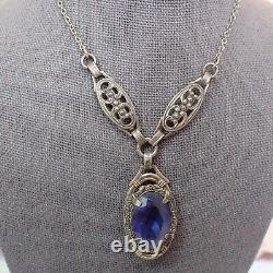 Vintage Art Deco Violet Blue Glass Drop Filigree Sterling Silver Necklace 16